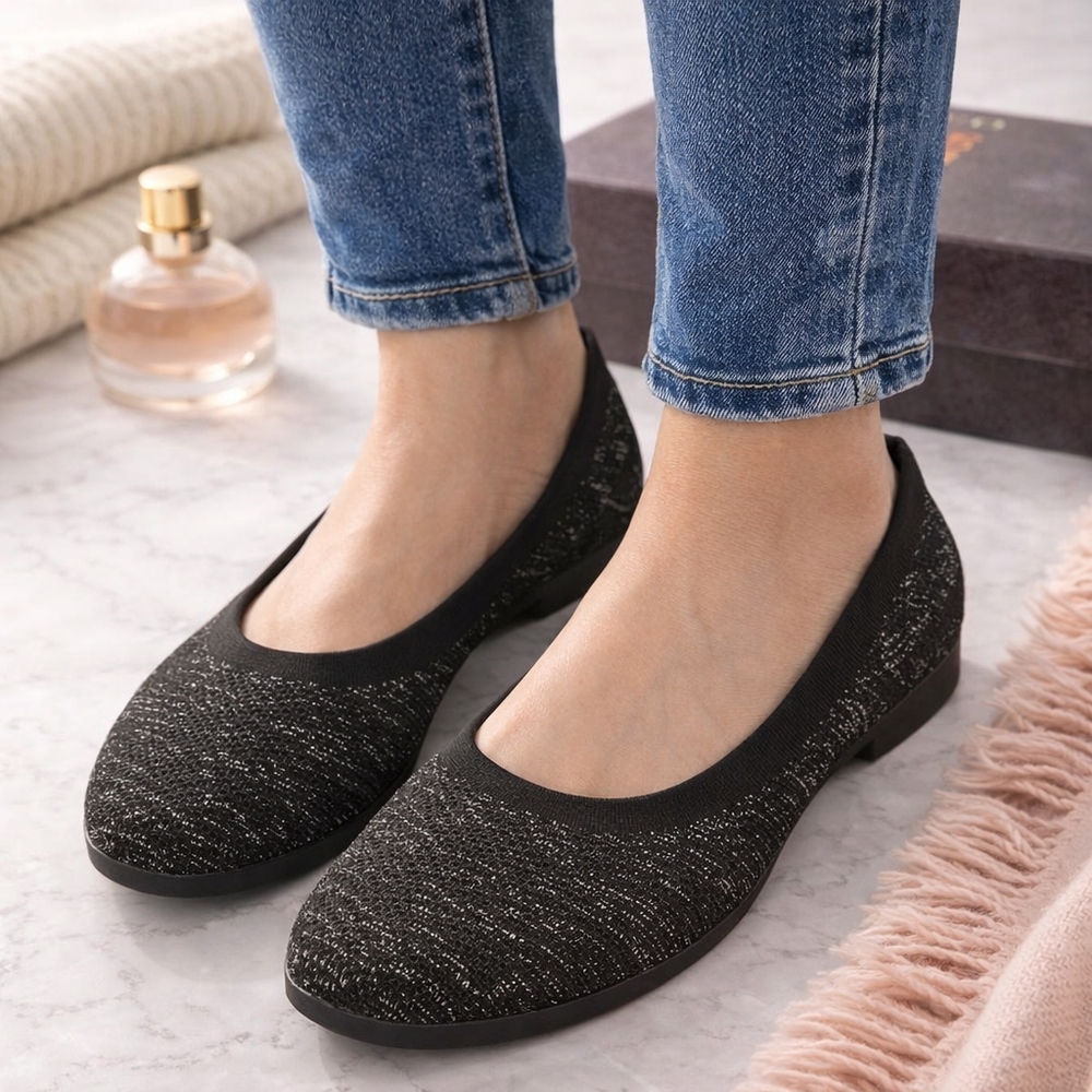 Bernie Mev Nikki Flats Womens Size 40 Black Silver Knit Slip On Ballet Shoes